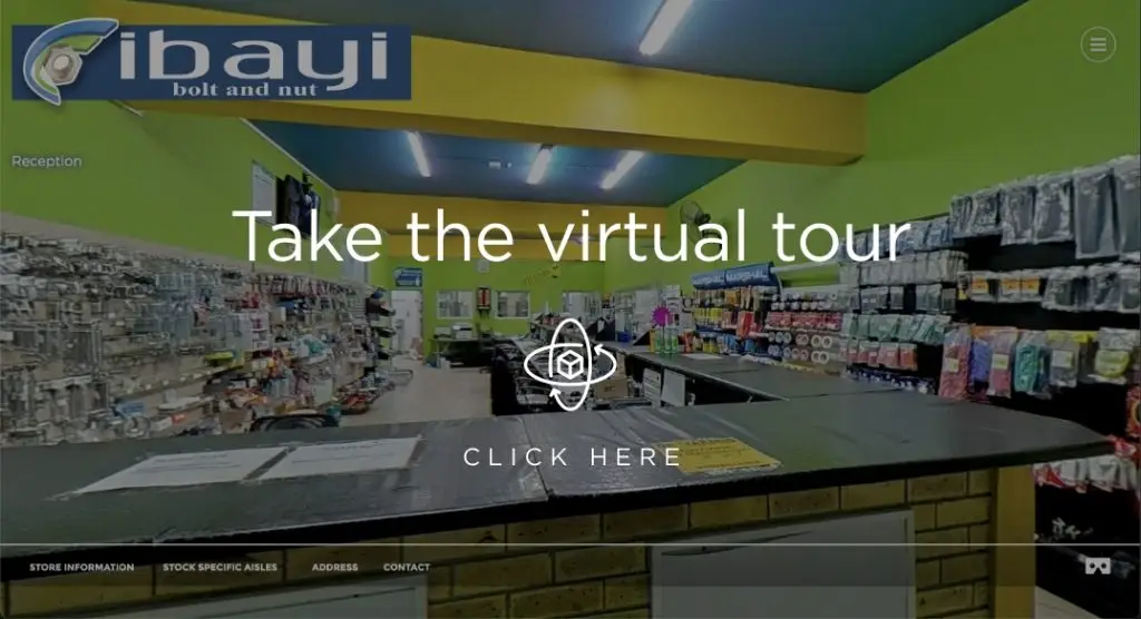 Ibayi Bolt hardware store interior in Port Elizabeth showing tools, fasteners, and virtual tour interface